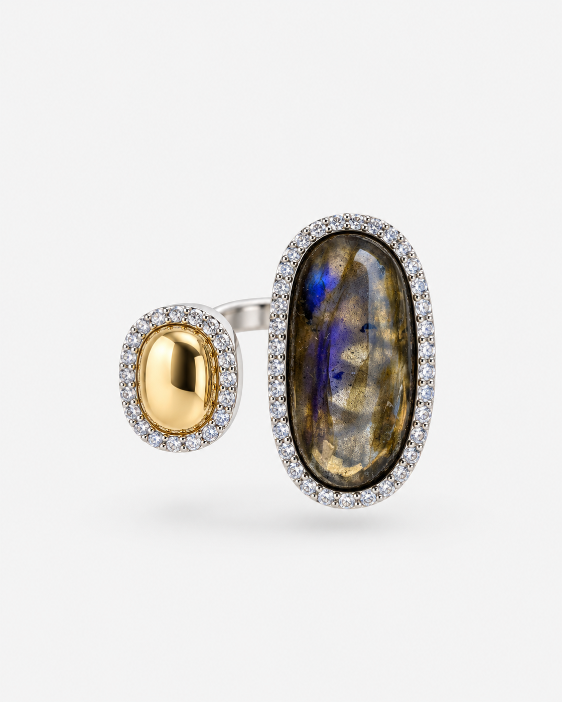 Saavi Jewels labradorite and gold open ring — floating front view