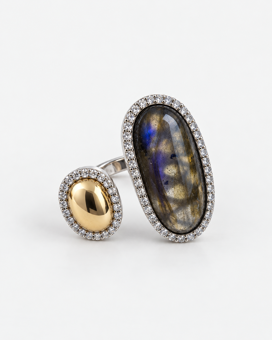 Saavi Jewels labradorite and gold open ring — front angled view