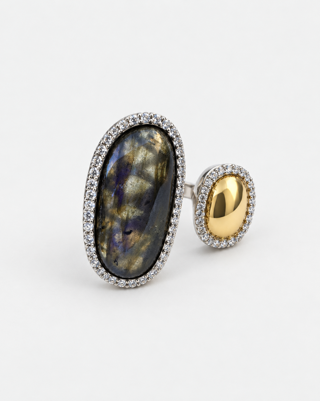 Saavi Jewels labradorite and gold open ring — reverse angled view