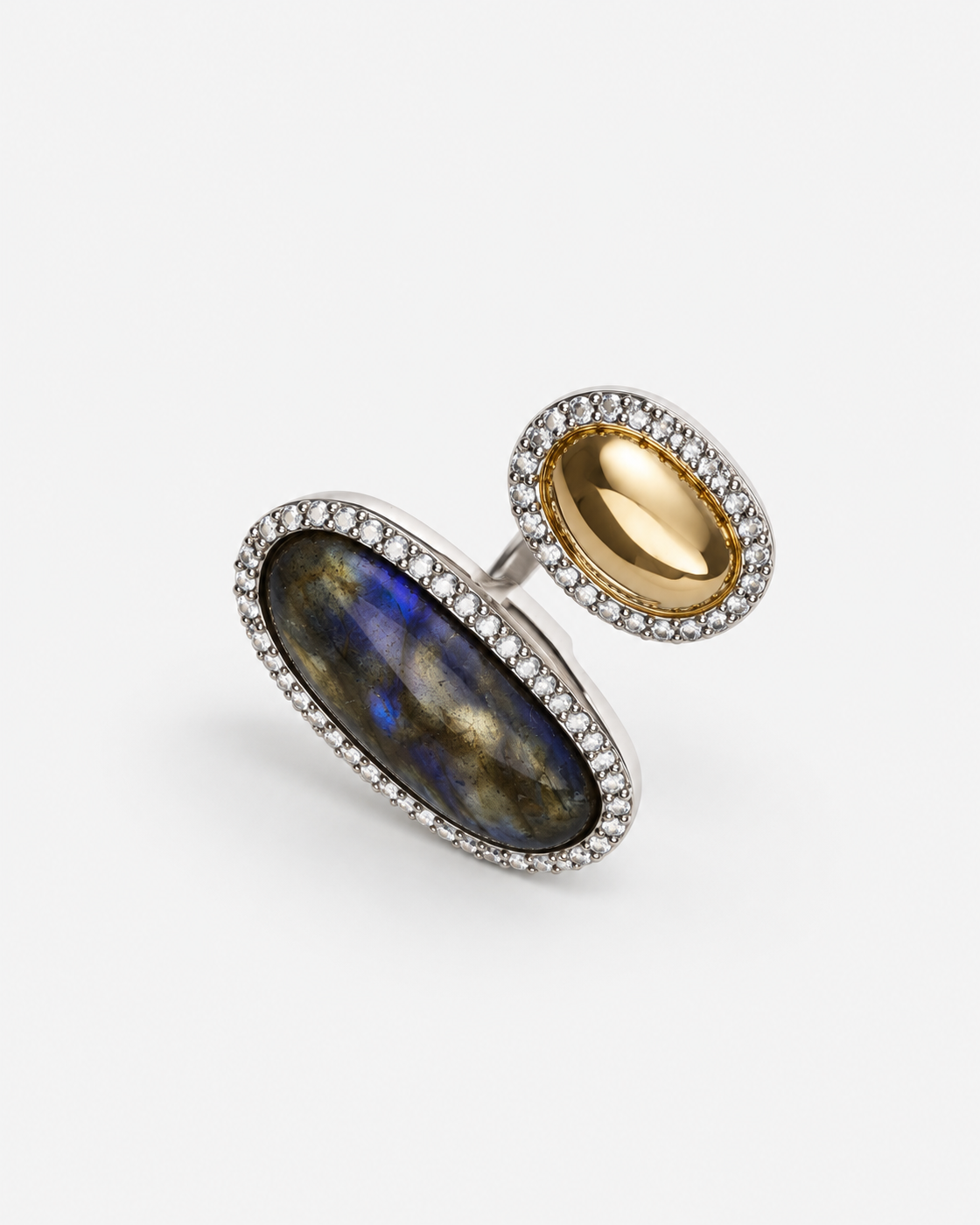 Saavi Jewels labradorite and gold open ring — overhead angled view