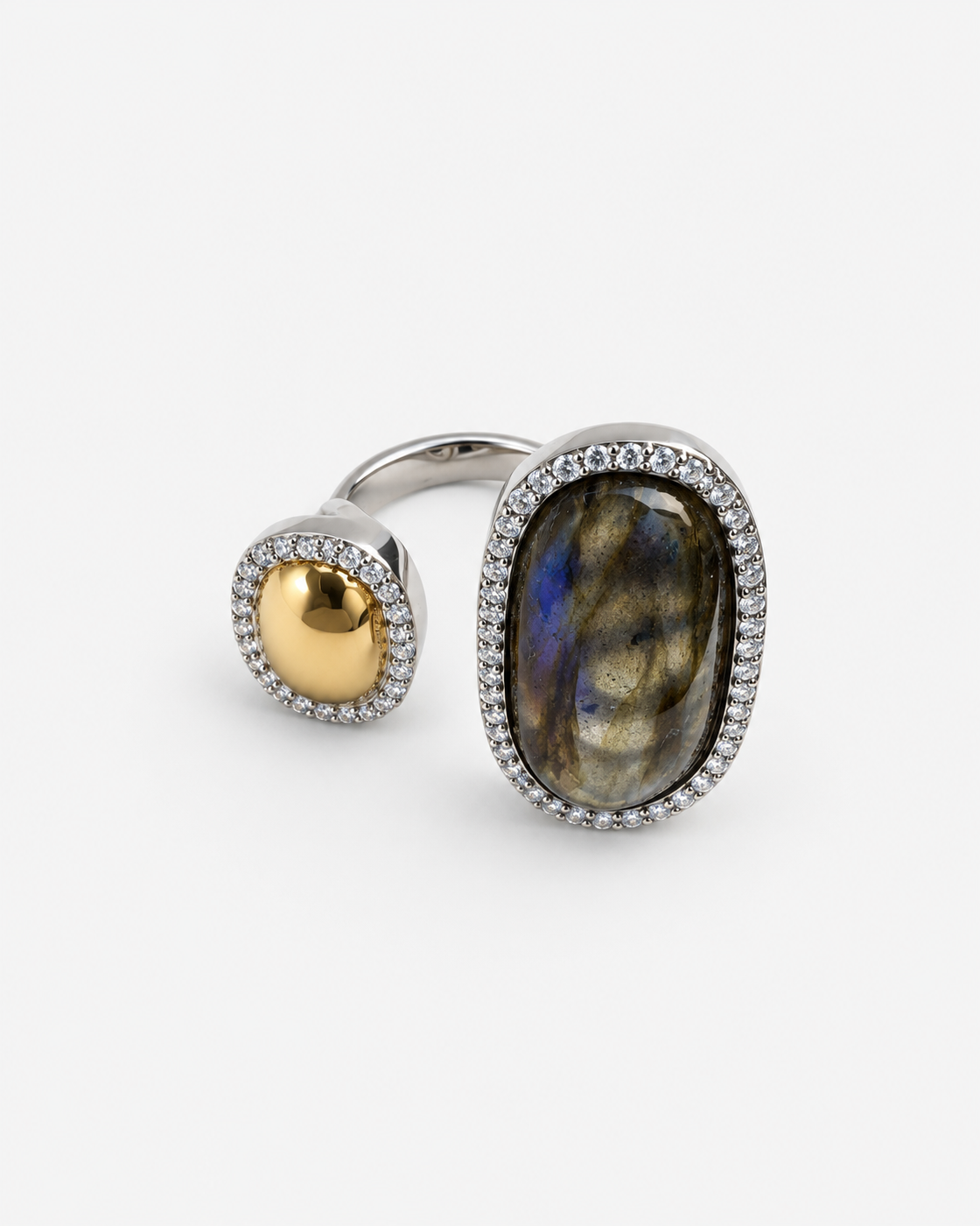 Saavi Jewels labradorite and gold open ring — raised angled view