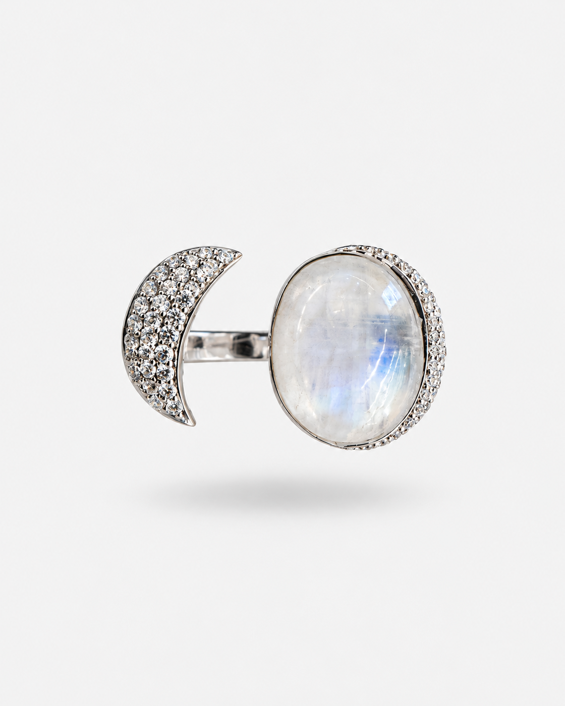 Saavi Jewels moonstone crescent ring — floating front view