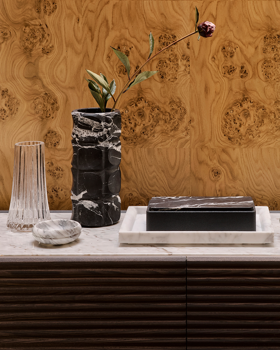 Greg Natale Operetta objects including Tromba Glass Vase Clear, Palco Box Shagreen Nero and Piccolo Bowl Arabescato