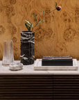 Greg Natale Operetta objects including Tromba Glass Vase Clear, Palco Box Shagreen Nero and Piccolo Bowl Arabescato