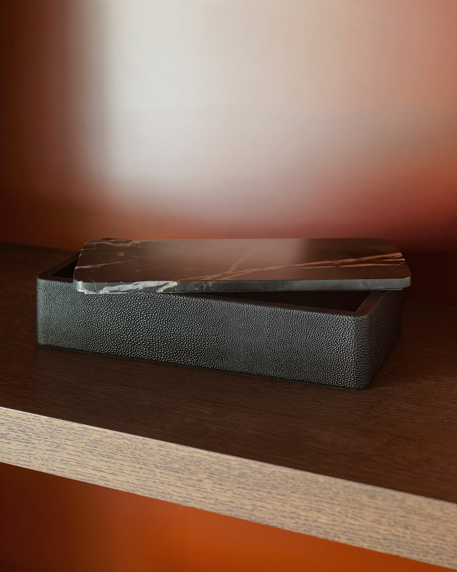 Greg Natale Palco Box Shagreen Nero with marble lid partly open on a timber shelf