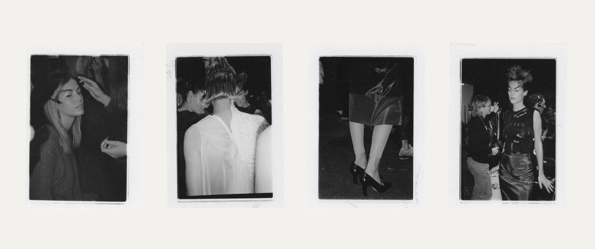 Four black-and-white archival Polaroids from the Mira Chai-Hyde Alexander McQueen archive