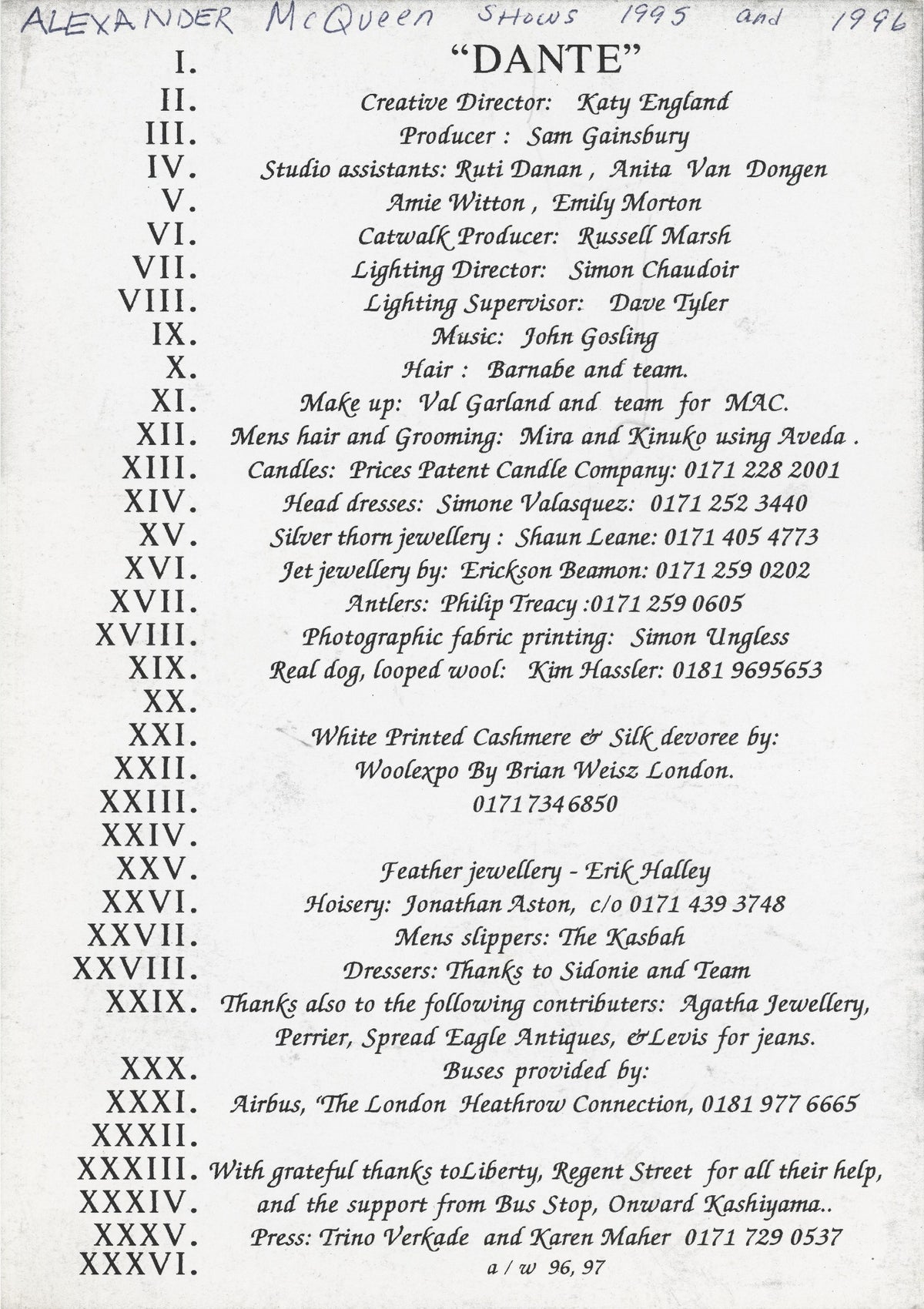 Archive item MCQDANTE1996, Alexander McQueen Dante Autumn/Winter 1996–97 show credits card naming Mira Chai-Hyde and Kinuko for menswear hair and grooming
