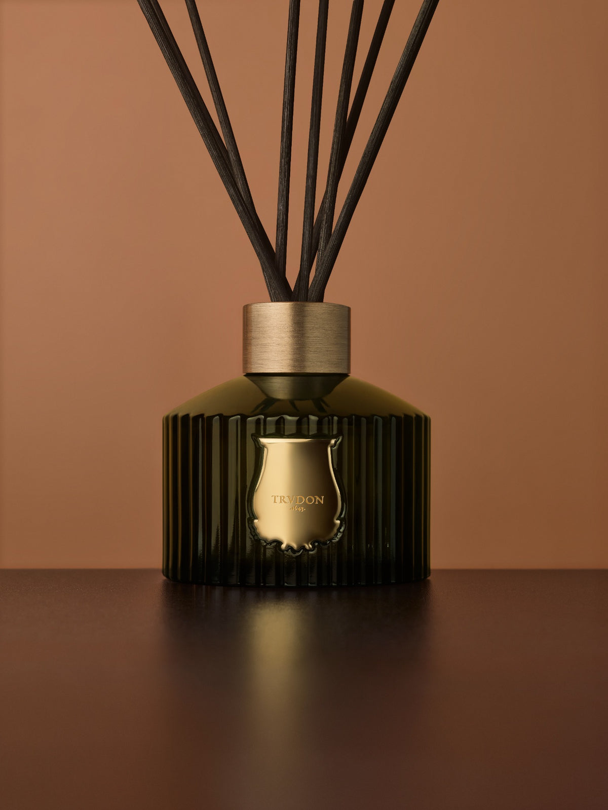 Trudon classic green-glass diffuser against a terracotta background