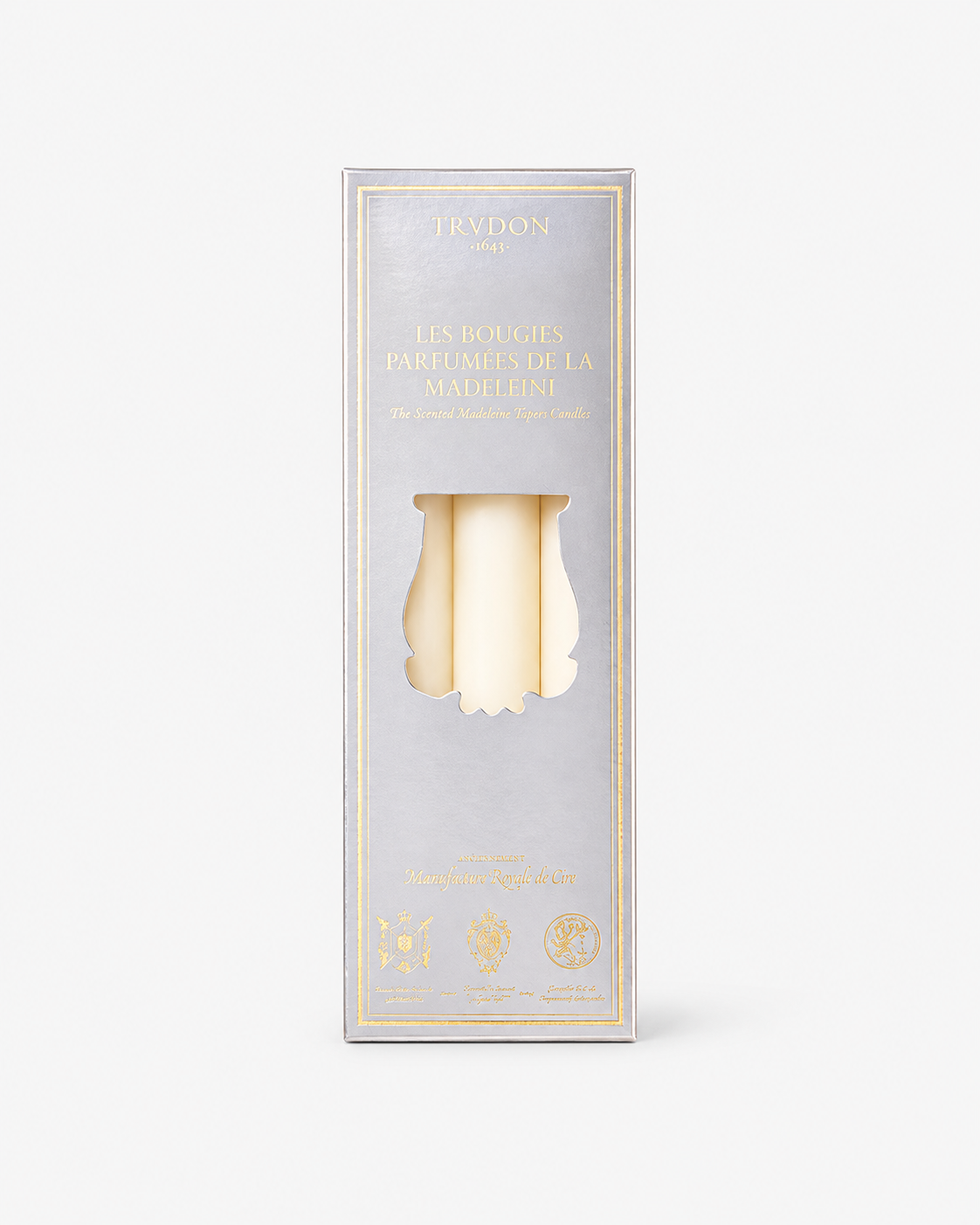Trudon Holiday 2026 Madeleine scented taper candles in silver and gold packaging