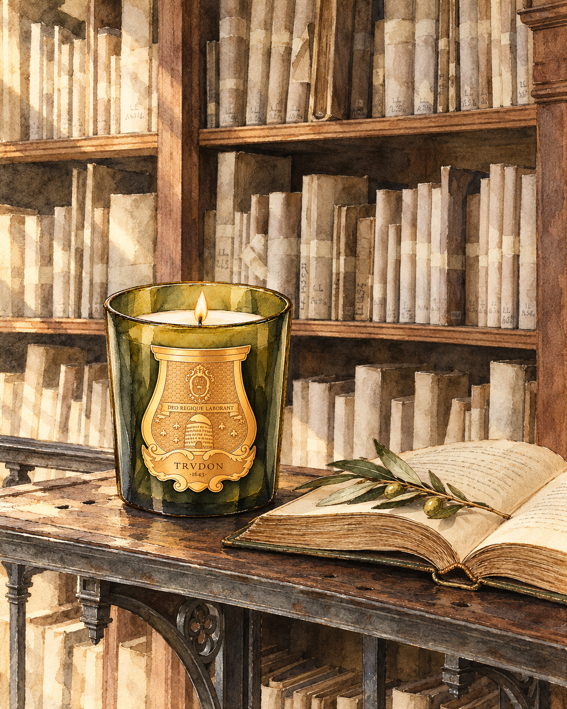 Watercolour of a lit green Trudon candle beside an open book and olive branch in a library.