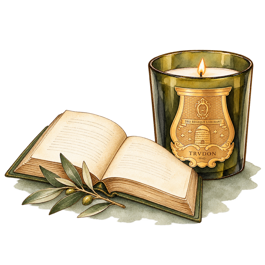 Watercolour still life of a Trudon candle beside an open book and an olive branch.